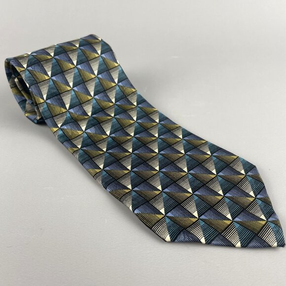 Jhane Barnes Geometric Silk Tie Blue & Gold Made in Japan - Picture 1 of 11